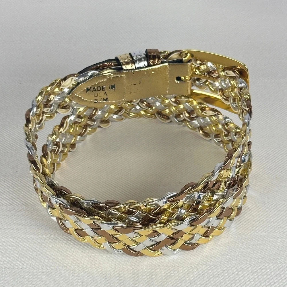 Vintage 80s Braided‎ Tri-color Mixed Metal Gold Silver Bronze Woven Belt S/M USA